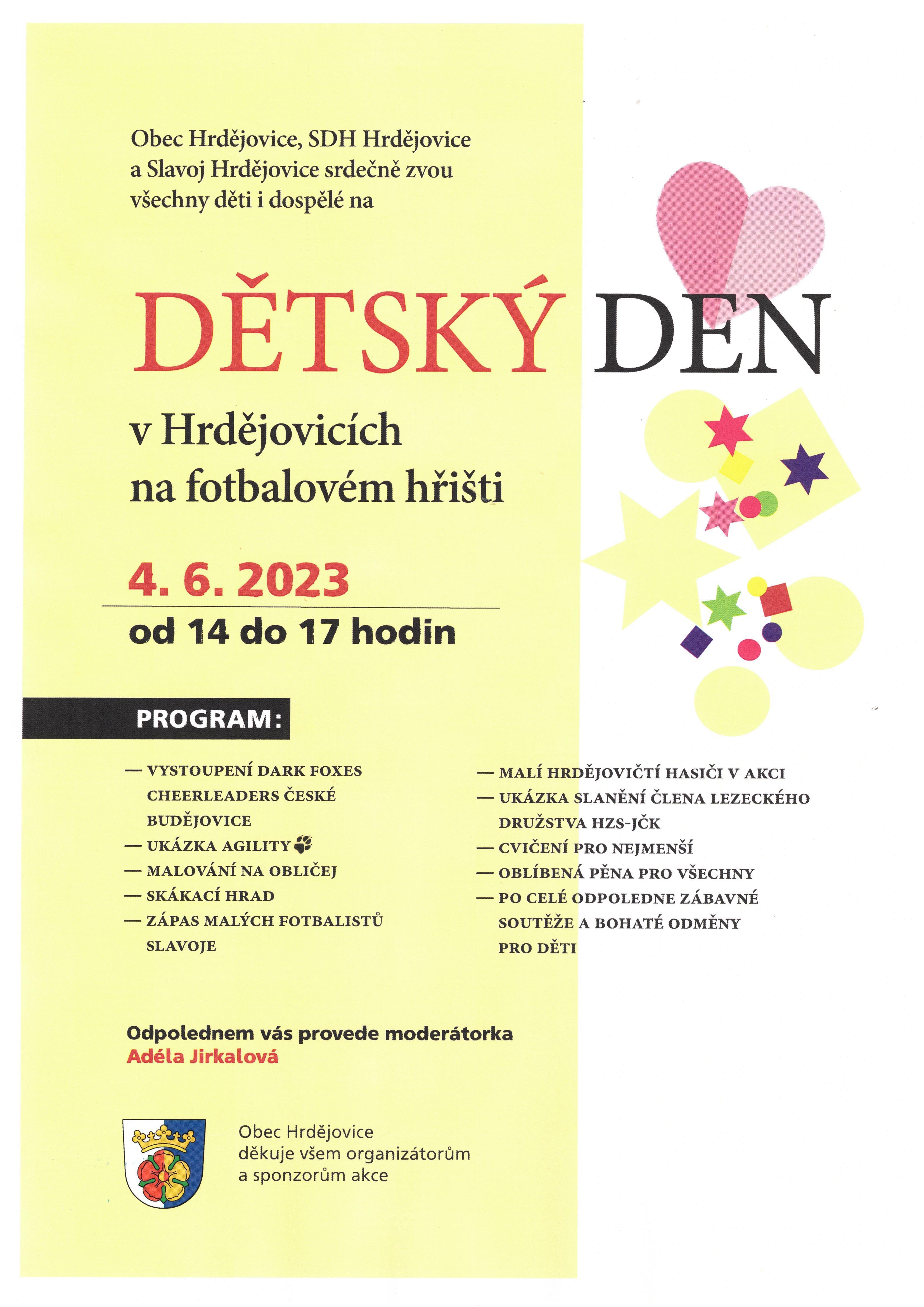 Dětský den v Hrdějovicích - v neděli 4.6.2023 od 14:00 - 17:00 hodin na fotbalovém hřišti