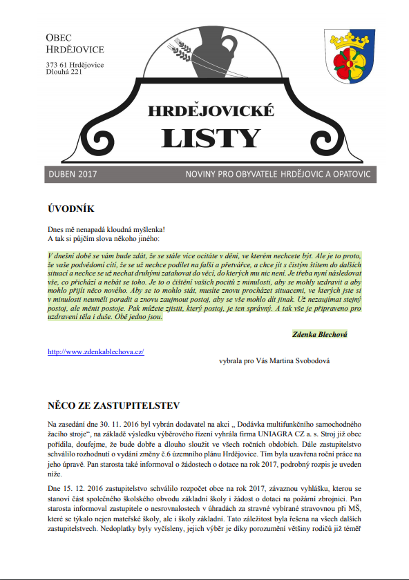 Hrdějovické listy – 2017 duben