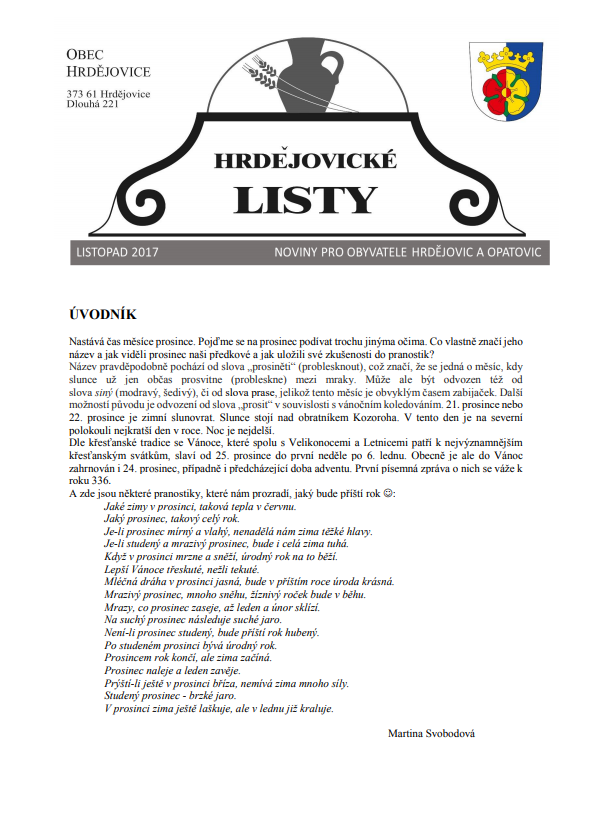 Hrdějovické listy – 2017 listopad