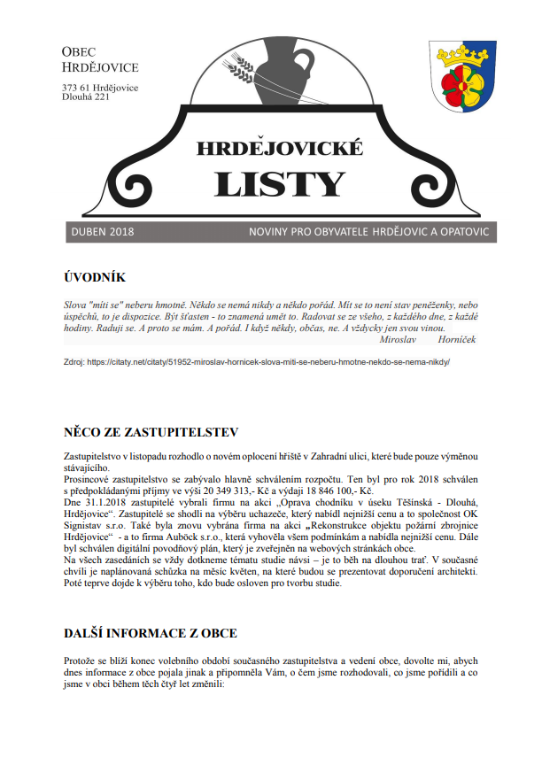 Hrdějovické listy – duben 2018