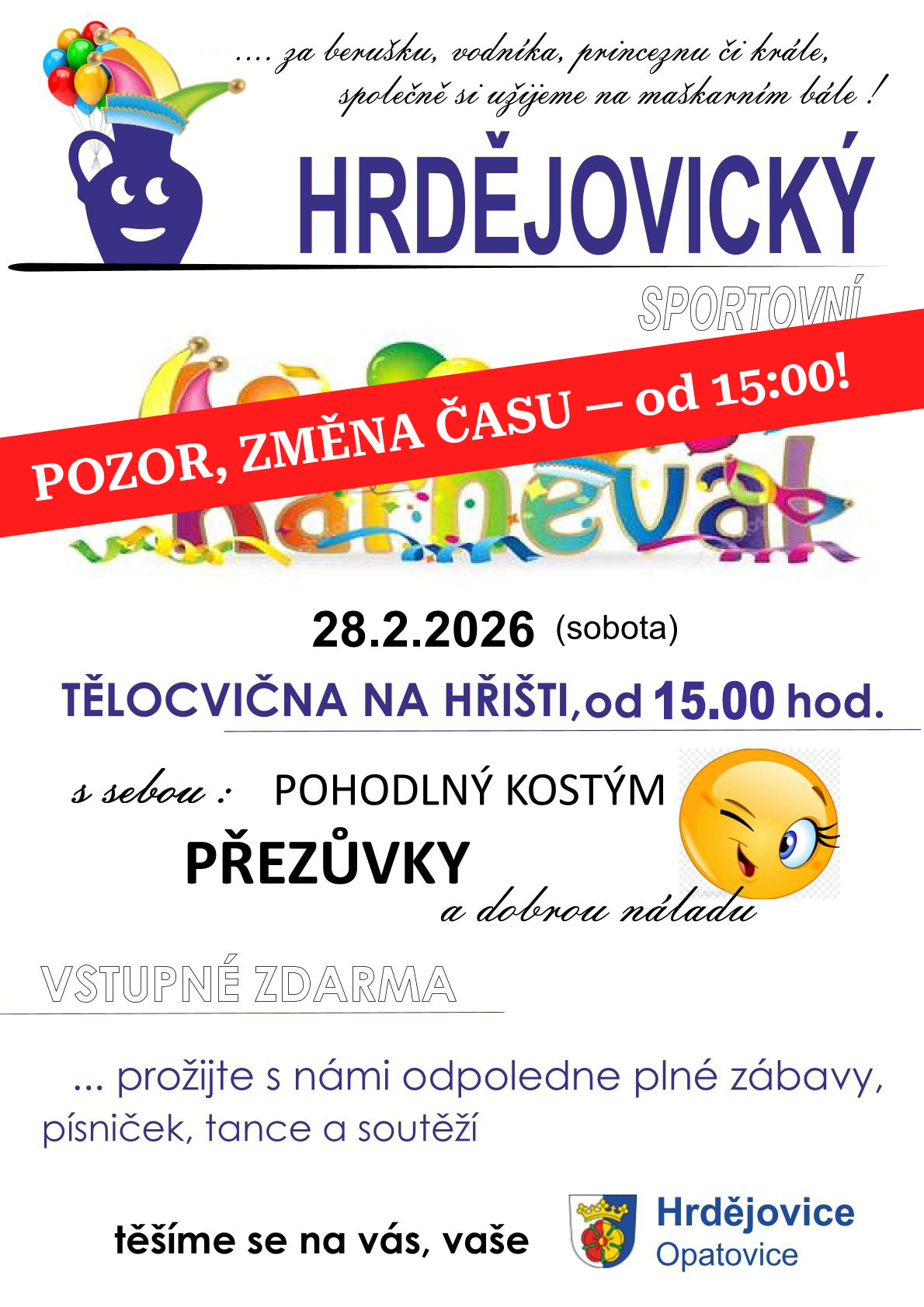 Upozornění - Sportovní karneval 2026 - změna času - od 15:00 hodin !