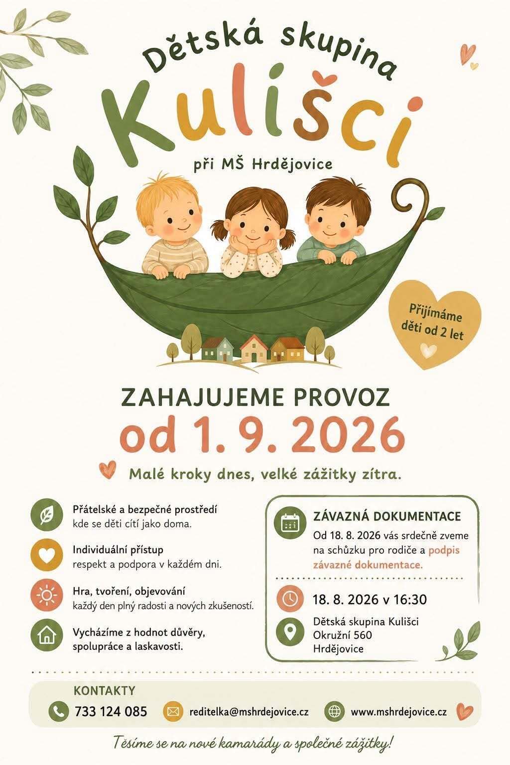 Upozornění - Dětská skupina Kulíšci při MŠ Hrdějovice -  zahájení provozu od 1.9.2026