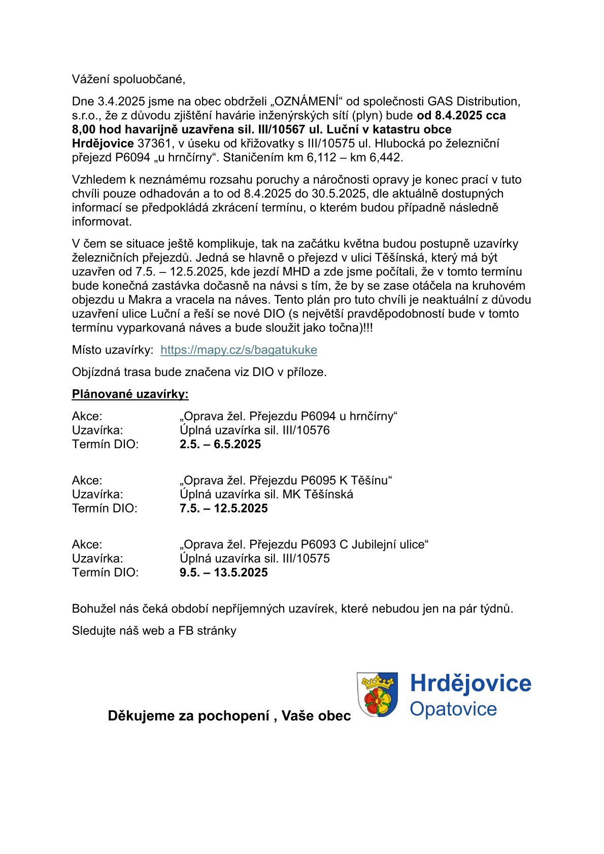Upozornění - uzavírka silnice