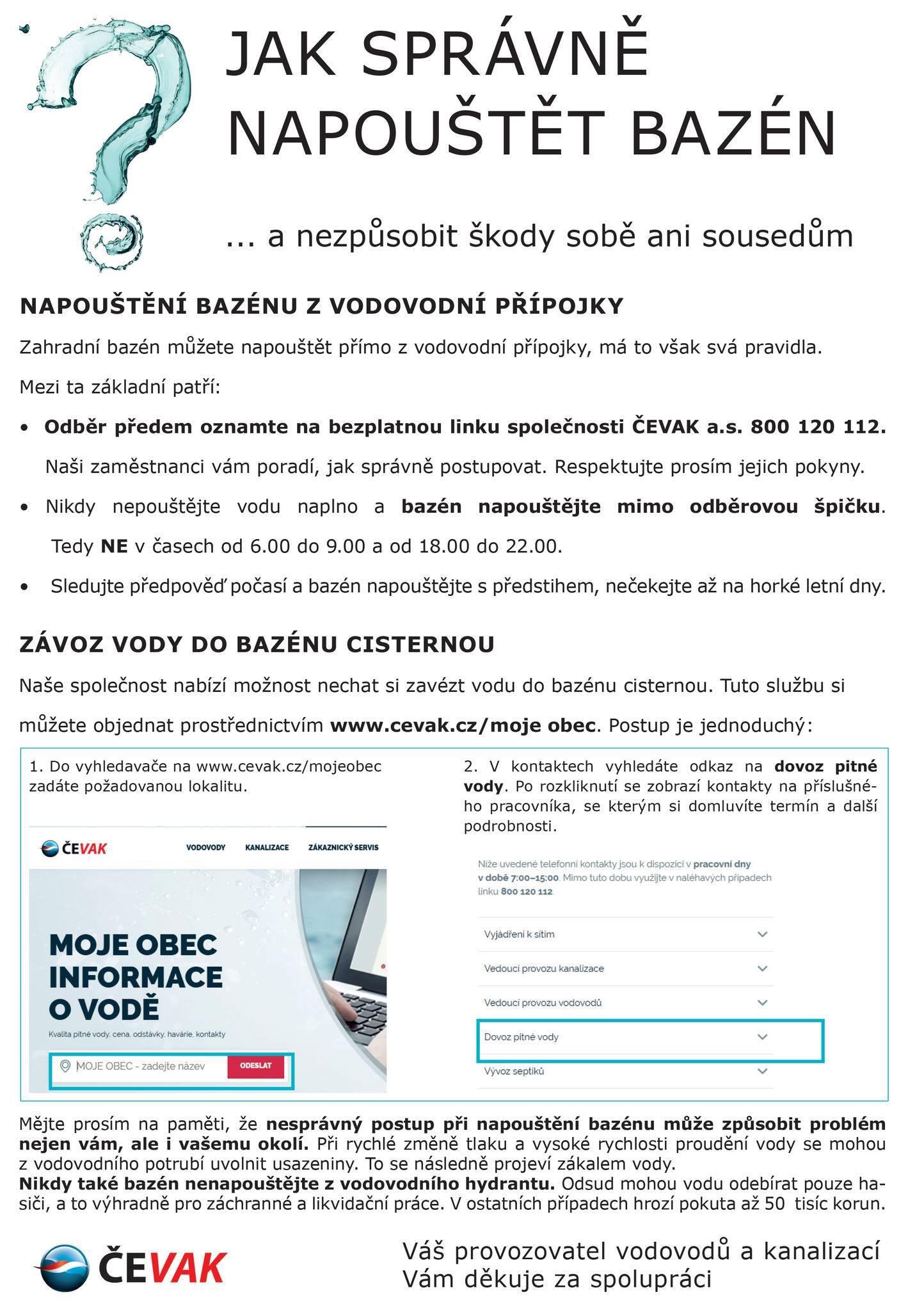 Upozornění pro občany - napouštění bazénu