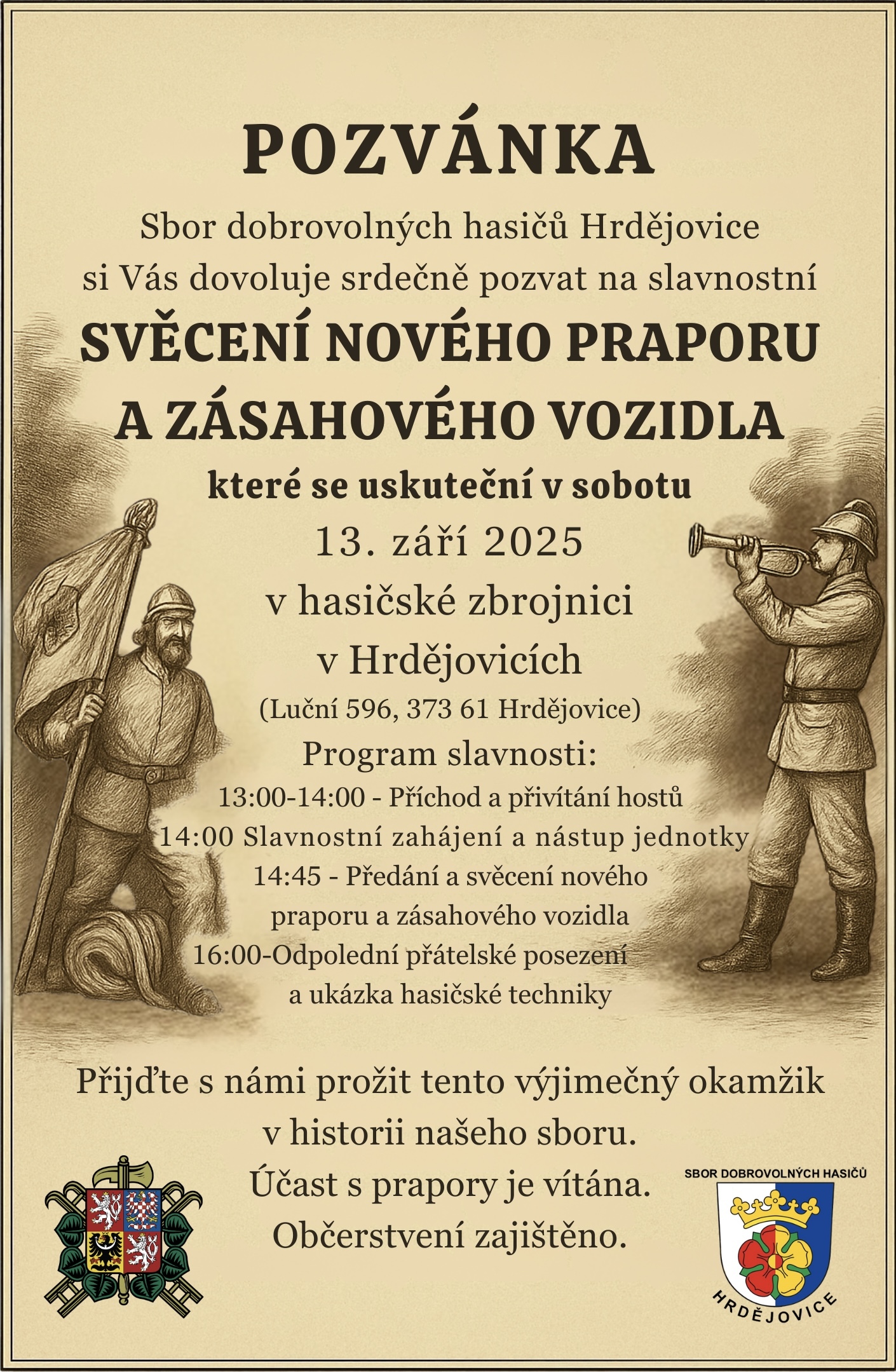 Pozvánka SDH Hrdějovice - Svěcení nového praporu a zásahového vozidla