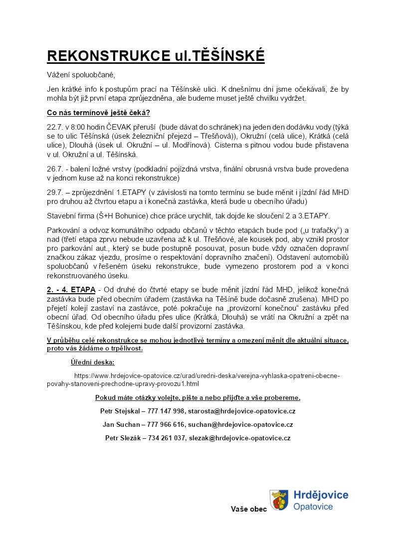 Informace - Rekonstrukce ulice Těšínská
