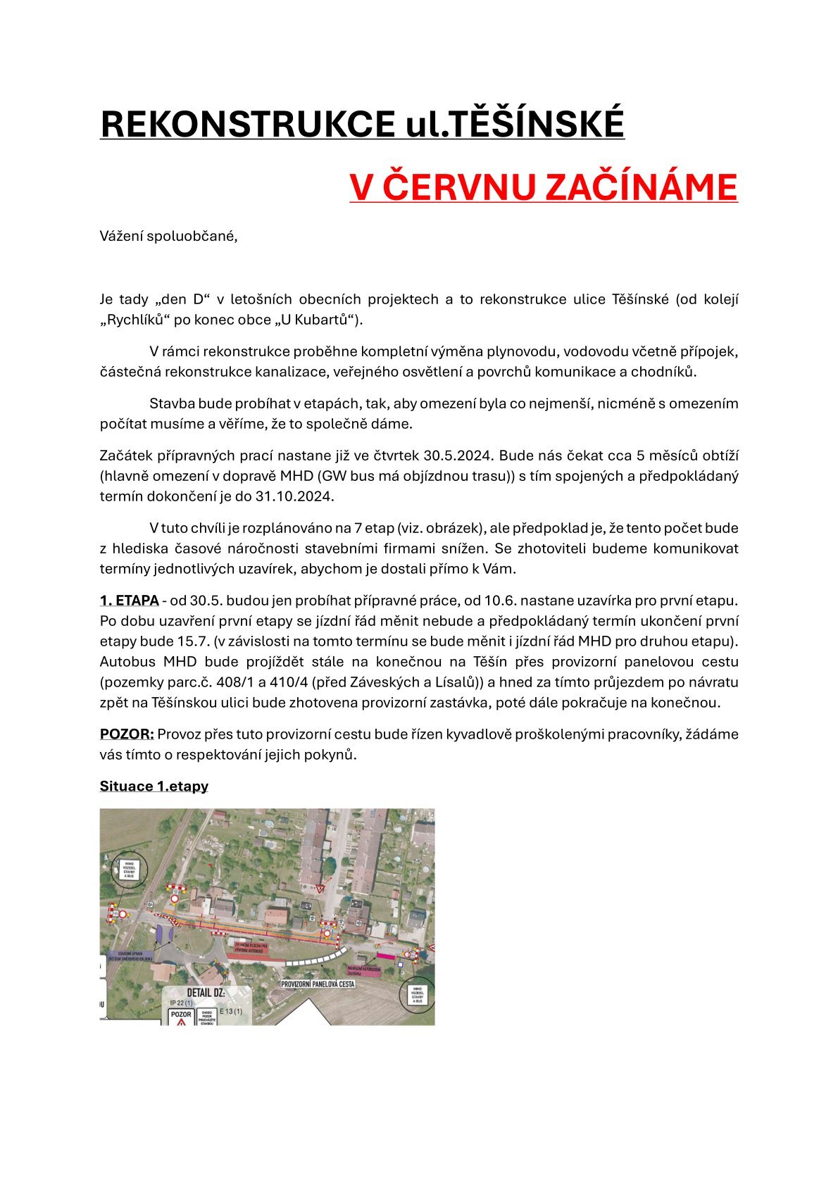 Informace - rekonstrukce ulice Těšínská